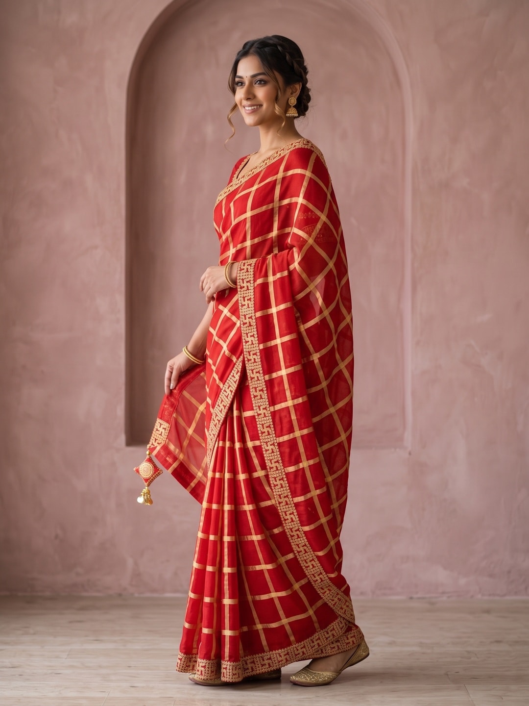 Peachmode Red Viscose Zari Check Saree With Swastik Lace Border - Image 3