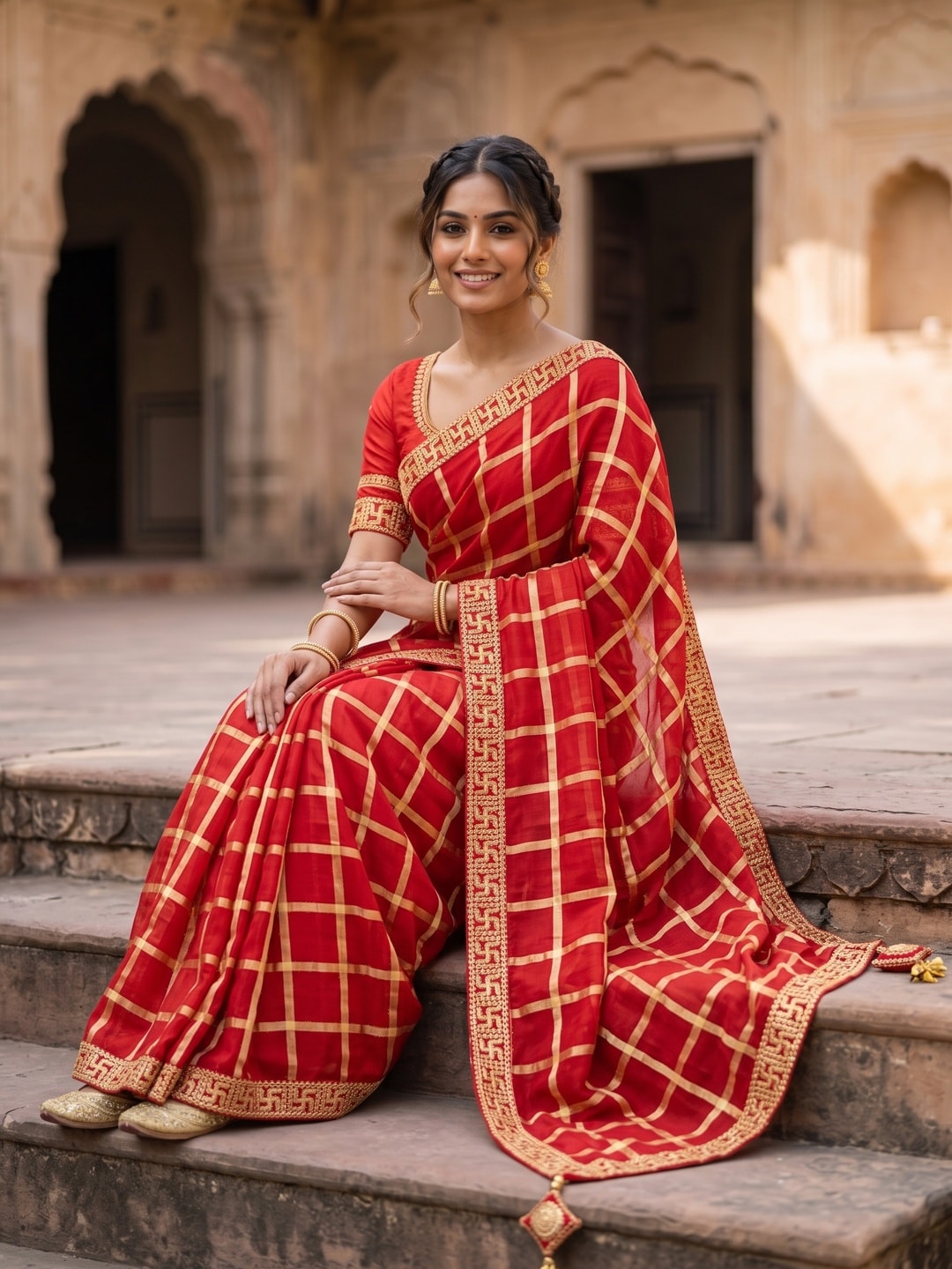 Peachmode Red Viscose Zari Check Saree With Swastik Lace Border - Image 4