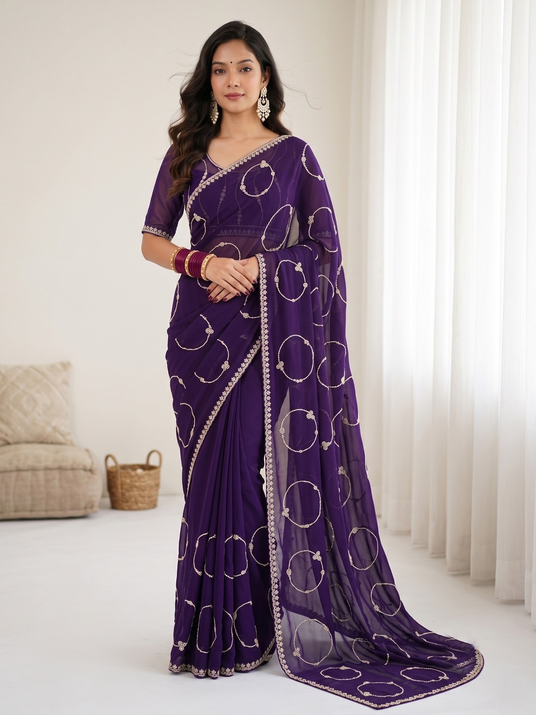 Peachmode Purple Georgette Saree With Circle Thread Embroidery And Embroidered Border - Image 1