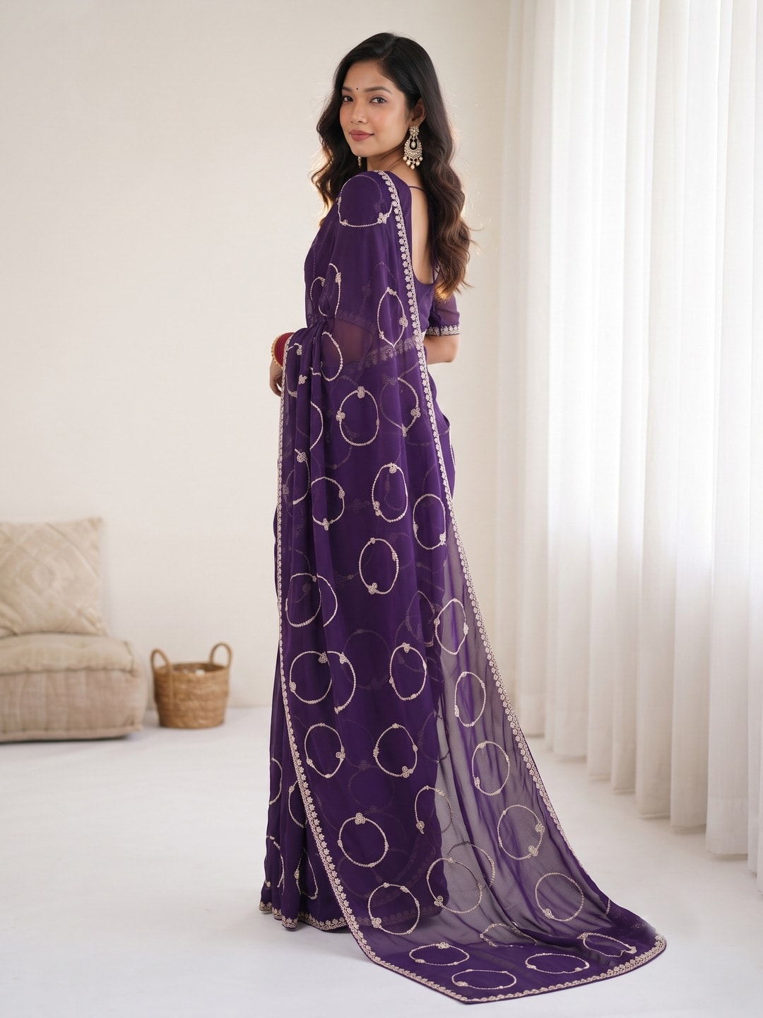 Peachmode Purple Georgette Saree With Circle Thread Embroidery And Embroidered Border - Image 2