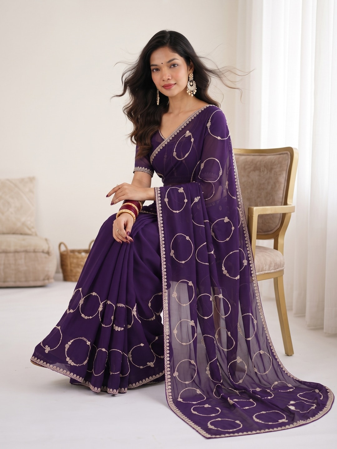 Peachmode Purple Georgette Saree With Circle Thread Embroidery And Embroidered Border - Image 4