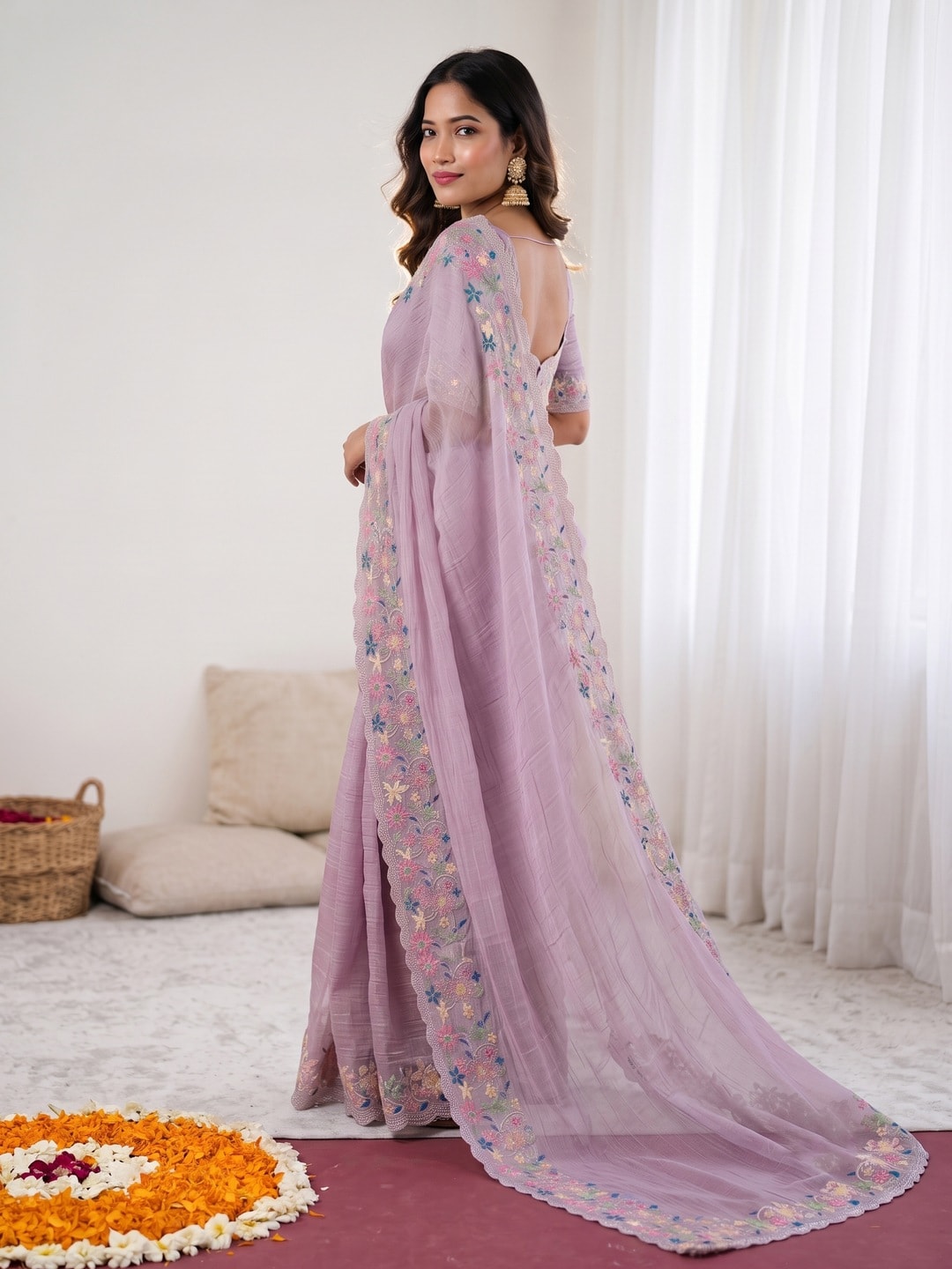 Peachmode Lavender Georgette Saree With Multicolour Floral Thread Embroidered Scalloped Border - Image 2