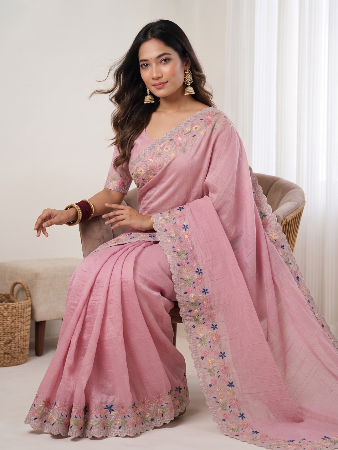 Peachmode Pink Georgette Saree With Multicolour Floral Thread Embroidered Scalloped Border - Image 4