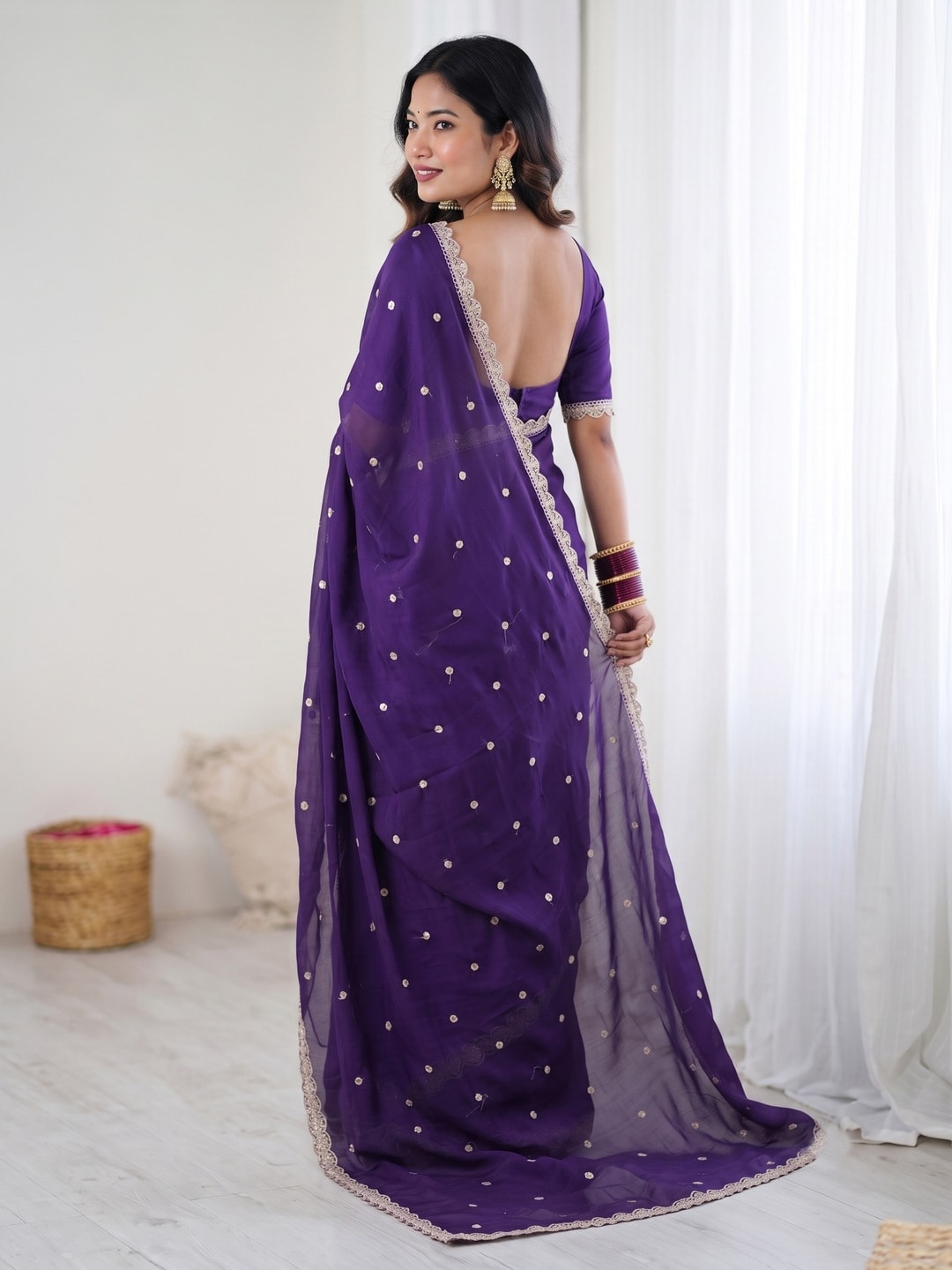 Peachmode Purple Chiffon Saree With Scalloped Lace Border And Sequin Buttis - Image 2