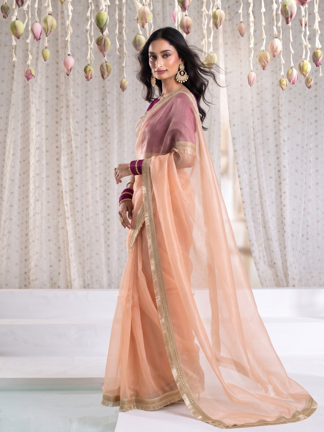 Peachmode Peach Tissue Organza Saree With Gold Fringe Lace Border - Image 3