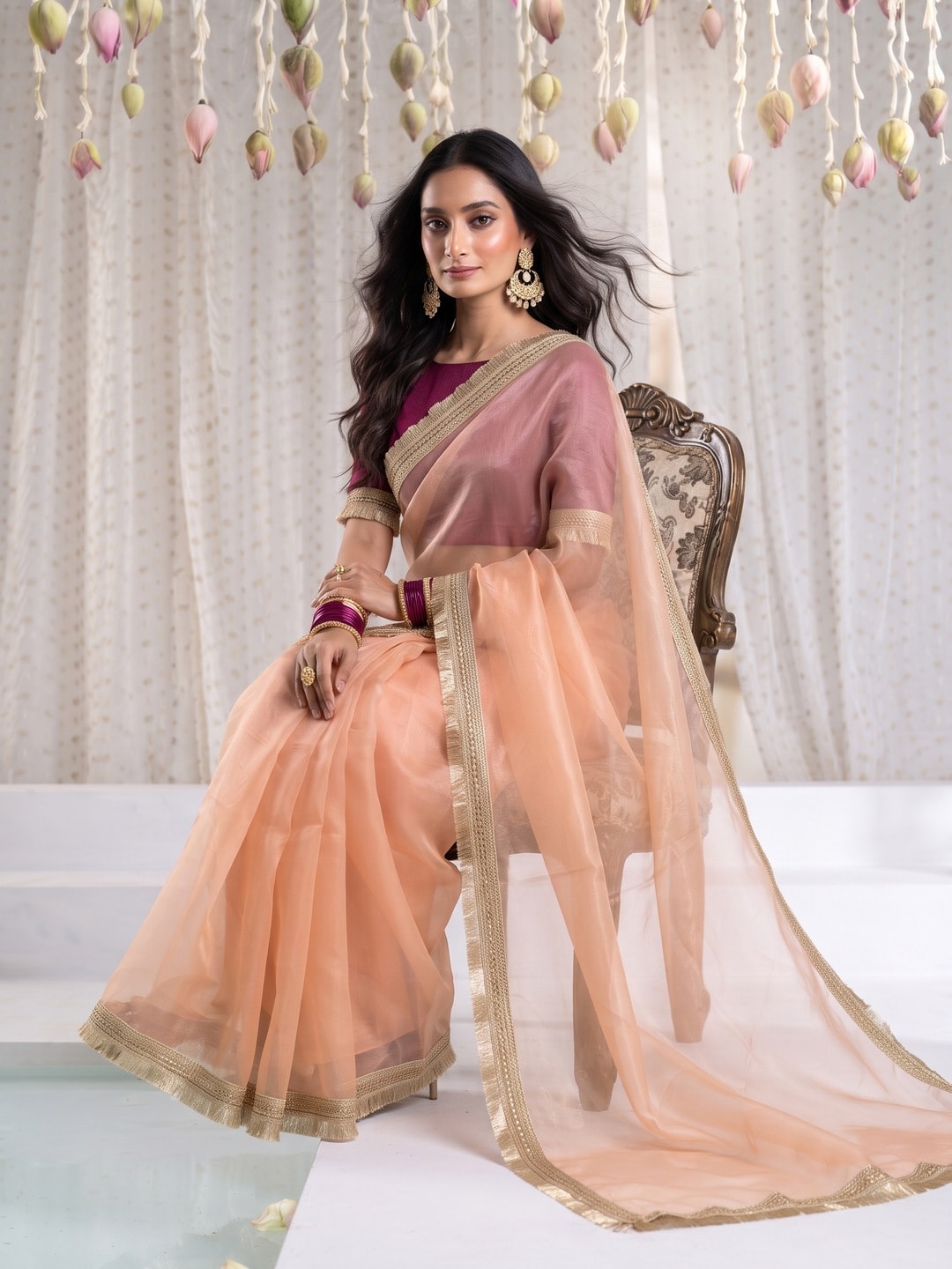 Peachmode Peach Tissue Organza Saree With Gold Fringe Lace Border - Image 4