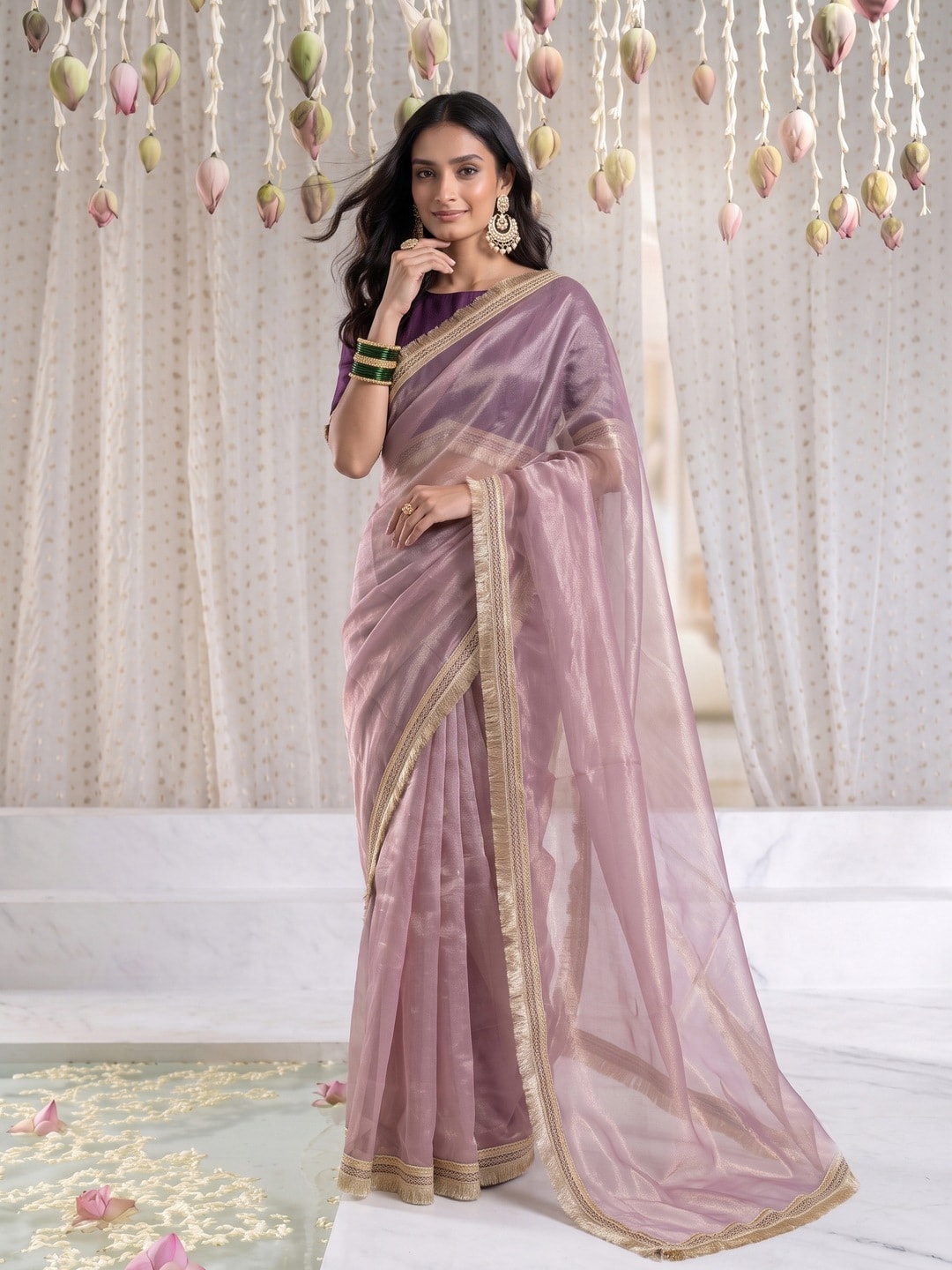 Peachmode Mauve Tissue Organza Saree With Gold Fringe Lace Border - Image 1