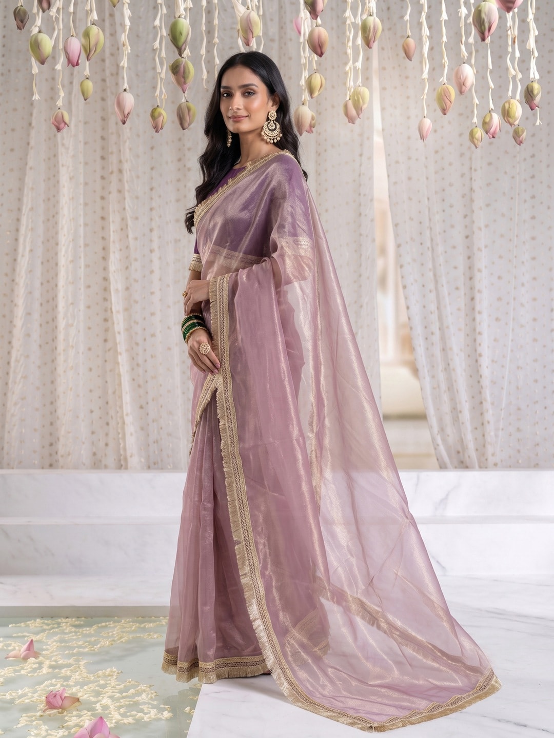 Peachmode Mauve Tissue Organza Saree With Gold Fringe Lace Border - Image 3