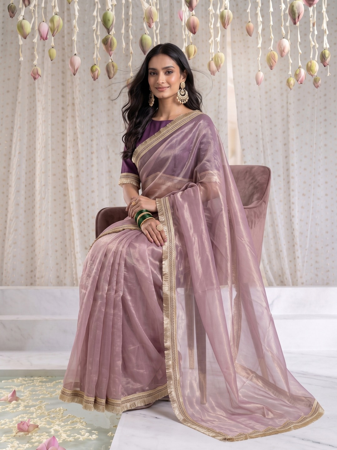 Peachmode Mauve Tissue Organza Saree With Gold Fringe Lace Border - Image 4