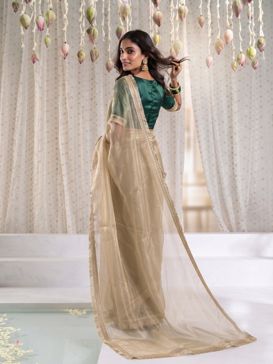 Peachmode Beige Tissue Organza Saree With Gold Fringe Lace Border - Image 2