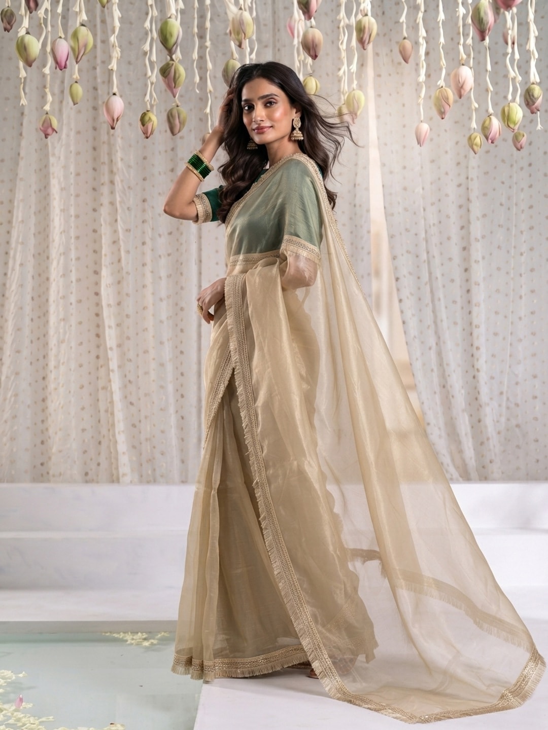 Peachmode Beige Tissue Organza Saree With Gold Fringe Lace Border - Image 3