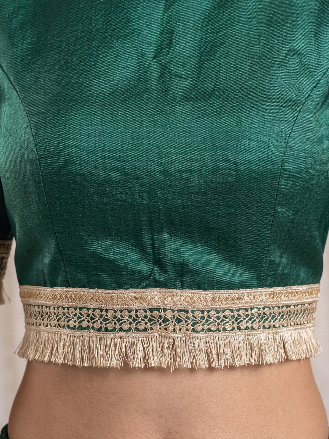 Peachmode Beige Tissue Organza Saree With Gold Fringe Lace Border - Image 5