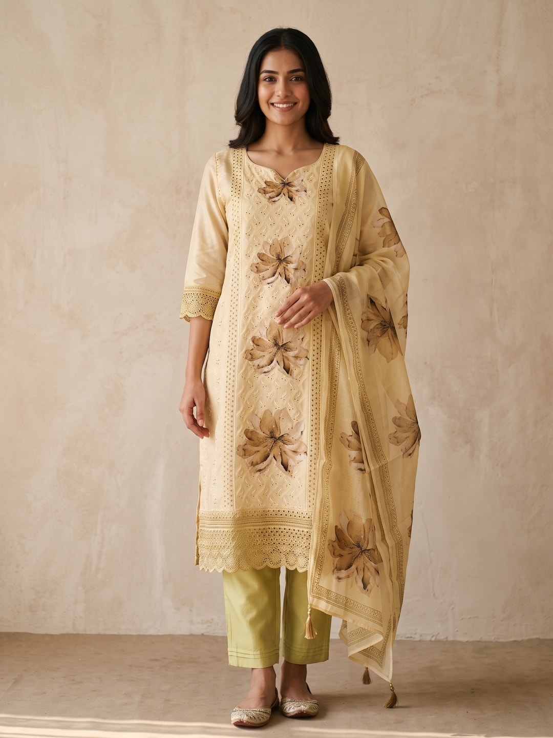 Peachmode Yellow Muslin Blend Schiffli Salwar Suit - Image 1