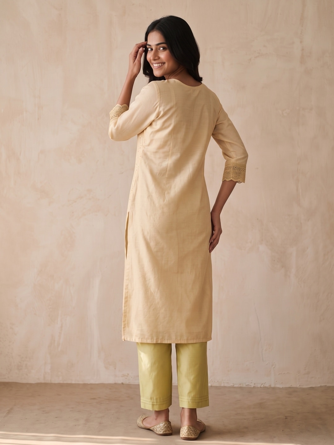 Peachmode Yellow Muslin Blend Schiffli Salwar Suit - Image 5