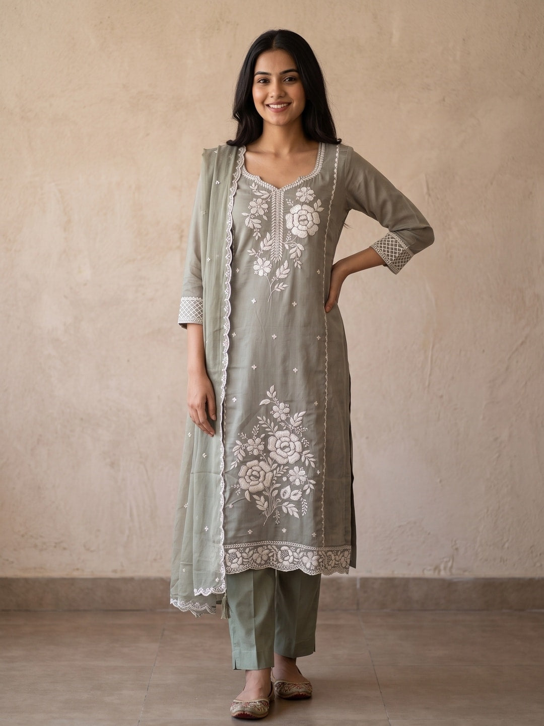 Peachmode Olive Chanderi Silk Blend Heavy Embroidered Salwar Suit - Image 1