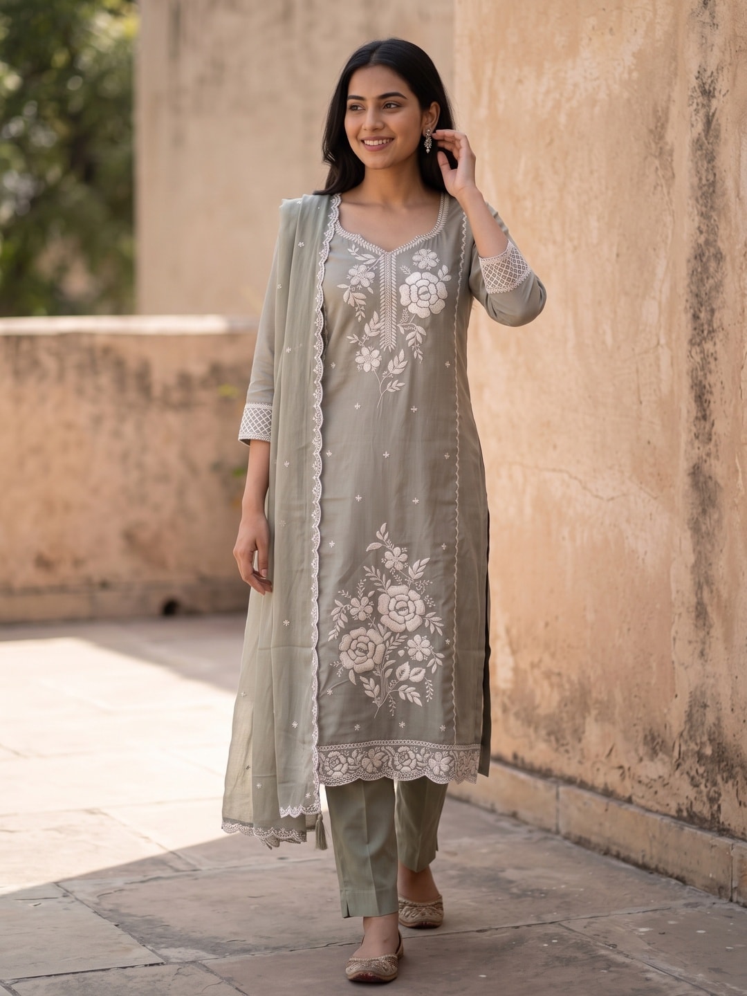 Peachmode Olive Chanderi Silk Blend Heavy Embroidered Salwar Suit - Image 2