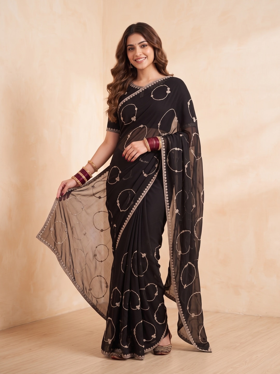 Peachmode Black Georgette Saree With Circle Thread Embroidery And Embroidered Border - Image 1