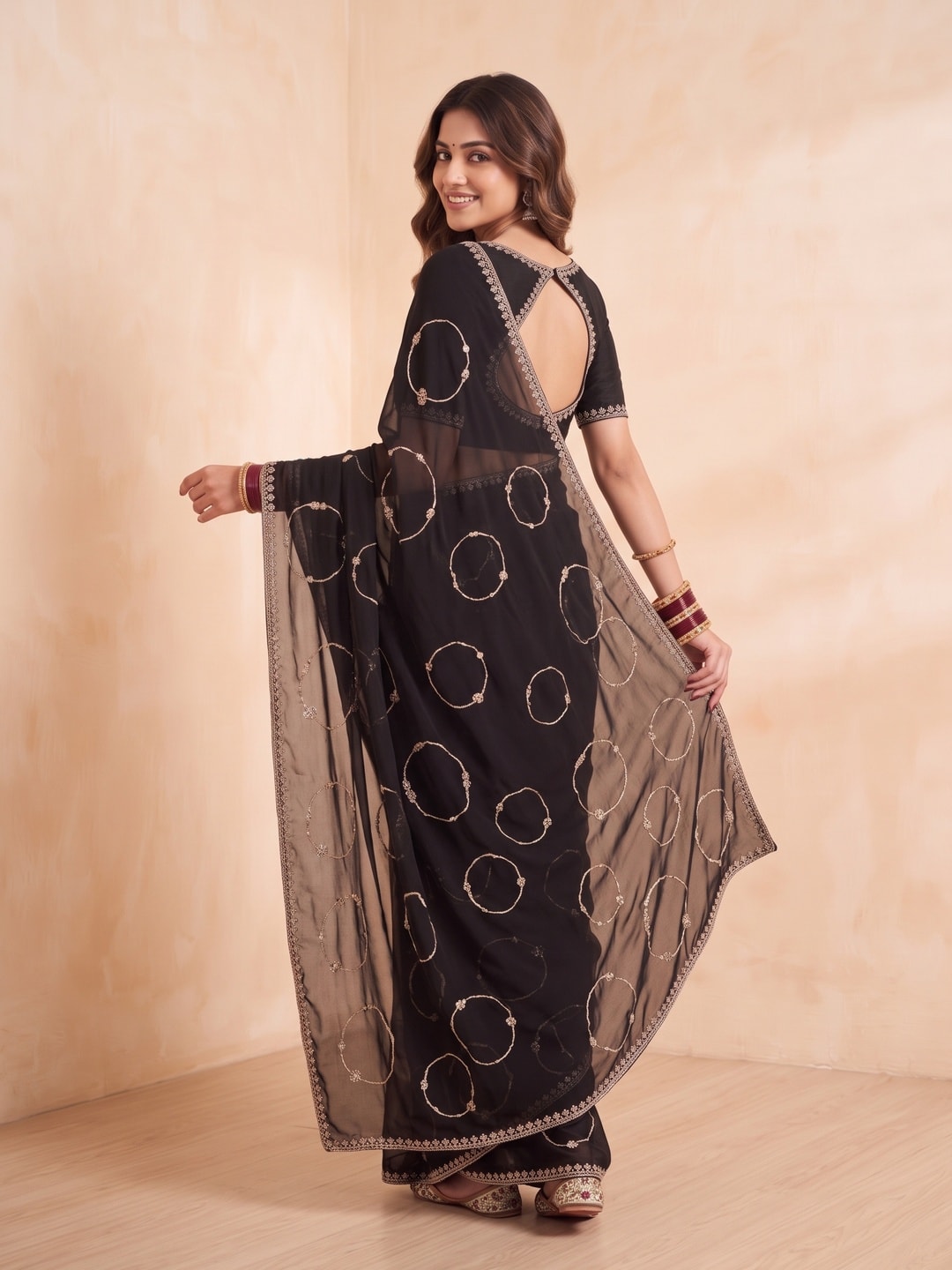 Peachmode Black Georgette Saree With Circle Thread Embroidery And Embroidered Border - Image 2