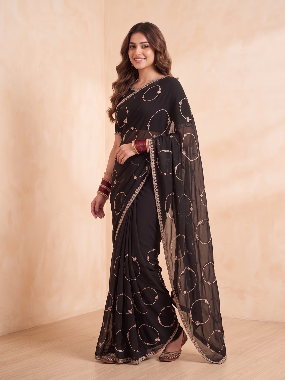 Peachmode Black Georgette Saree With Circle Thread Embroidery And Embroidered Border - Image 3