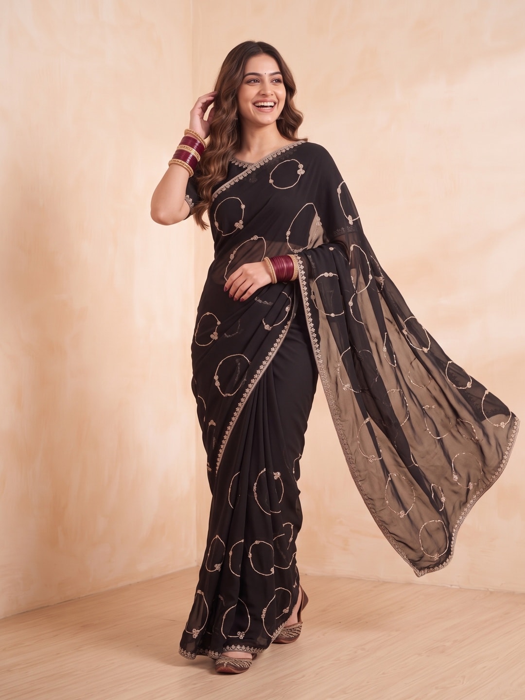 Peachmode Black Georgette Saree With Circle Thread Embroidery And Embroidered Border - Image 4