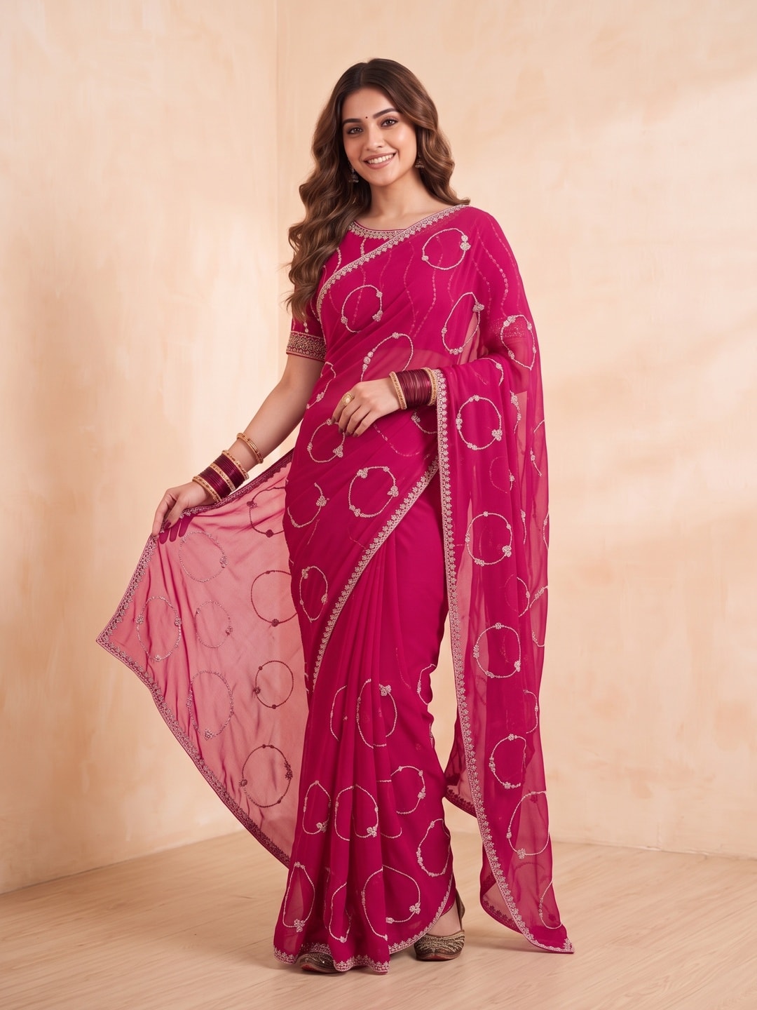 Peachmode Rani Pink Georgette Saree With Circle Thread Embroidery And Embroidered Border - Image 1