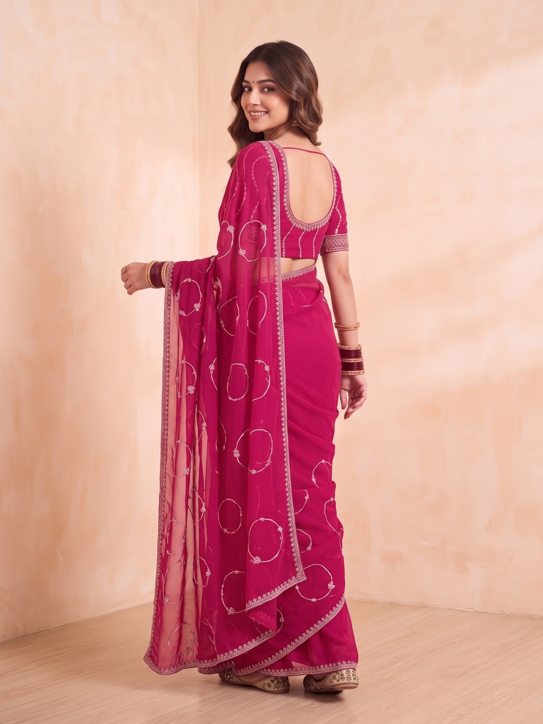 Peachmode Rani Pink Georgette Saree With Circle Thread Embroidery And Embroidered Border - Image 2