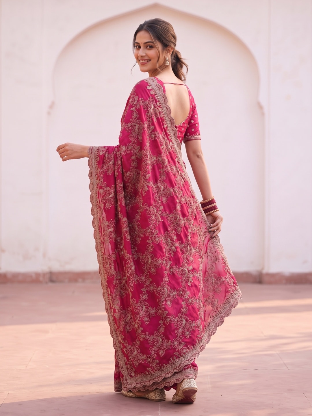 Peachmode Rani Pink Vichitra Silk Saree With Heavy All-Over Floral Embroidery And Scalloped Border - Image 2