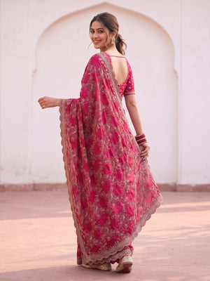 Peachmode Rani Pink Vichitra Silk Saree With Heavy All-Over Floral Embroidery And Scalloped Border - Image 2