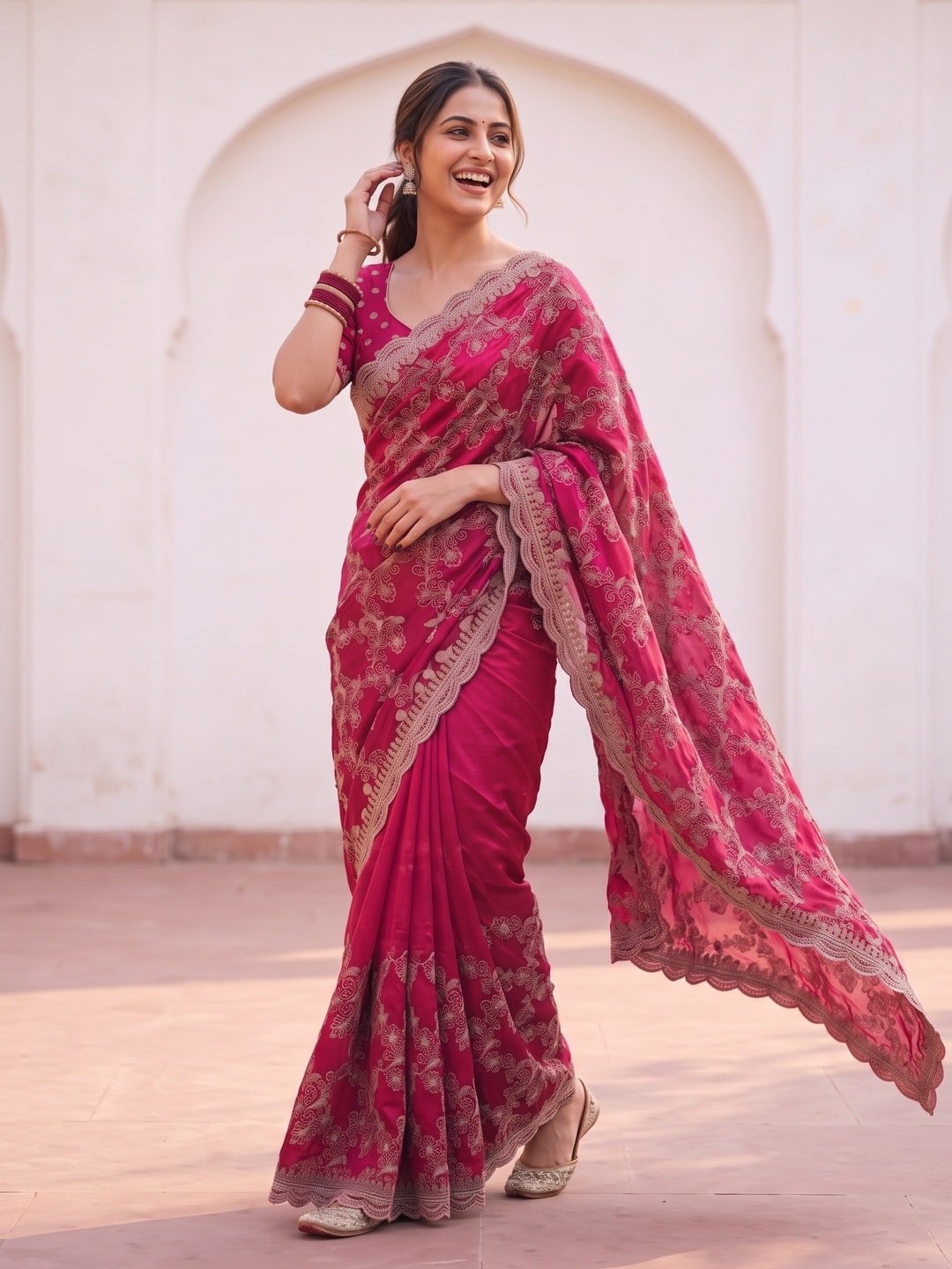 Peachmode Rani Pink Vichitra Silk Saree With Heavy All-Over Floral Embroidery And Scalloped Border - Image 4