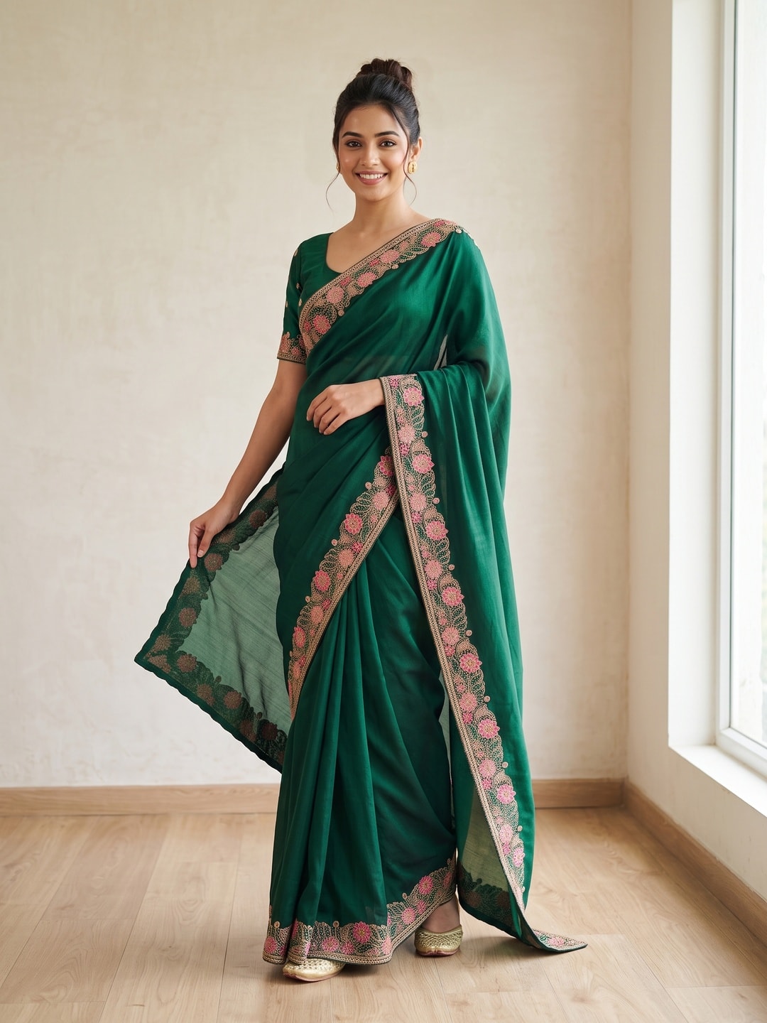 Peachmode Bottle Green Vichitra Silk Saree With Multicolour Floral Embroidered Border - Image 1