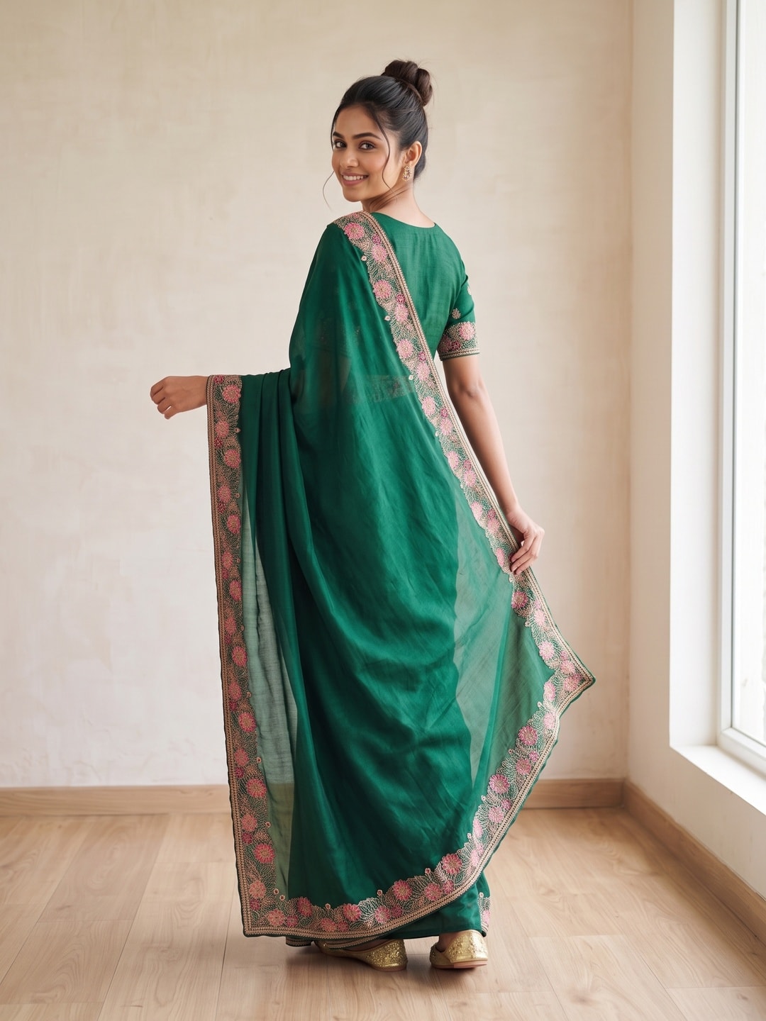 Peachmode Bottle Green Vichitra Silk Saree With Multicolour Floral Embroidered Border - Image 2