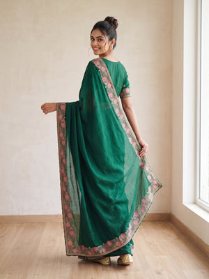 Peachmode Bottle Green Vichitra Silk Saree With Multicolour Floral Embroidered Border - Image 2