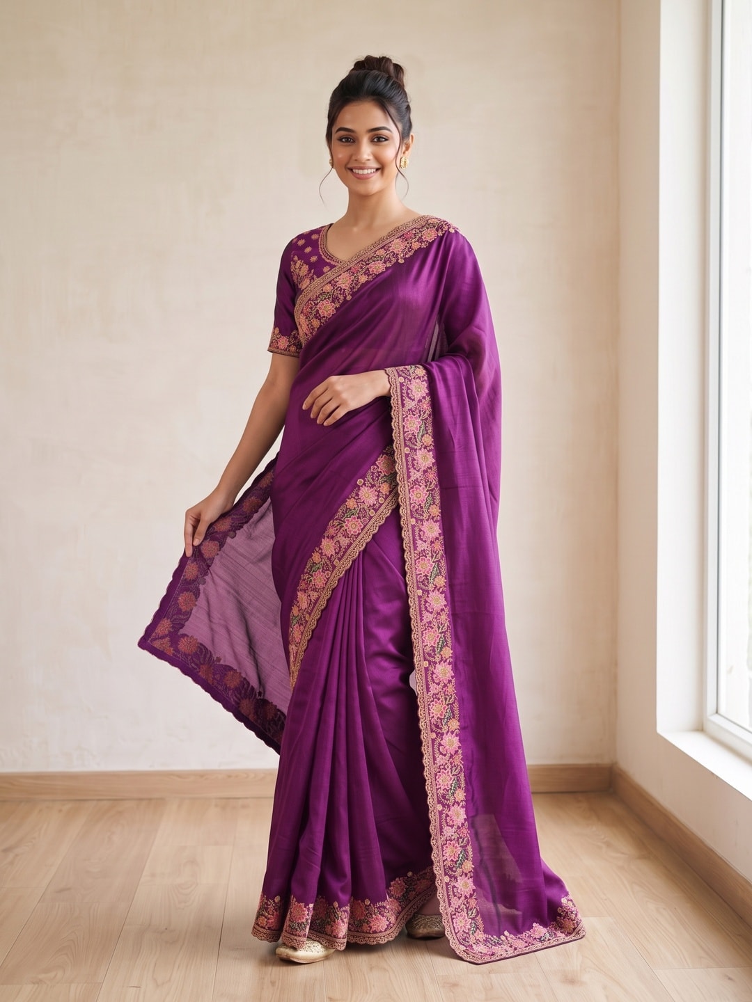 Peachmode Purple Vichitra Silk Saree With Multicolour Floral Embroidered Border - Image 1