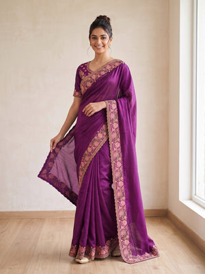 Peachmode Purple Vichitra Silk Saree With Multicolour Floral Embroidered Border - Image 1