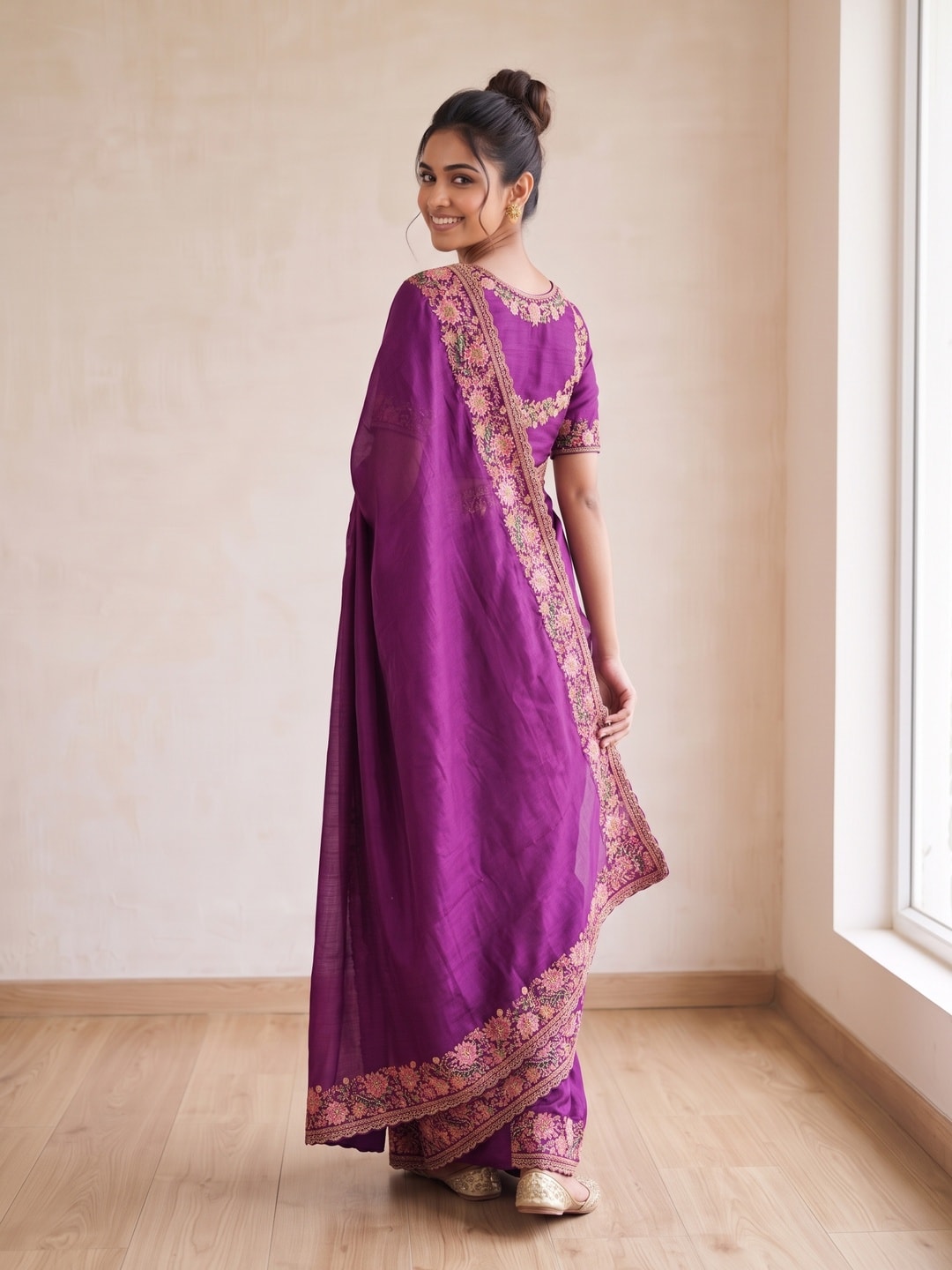 Peachmode Purple Vichitra Silk Saree With Multicolour Floral Embroidered Border - Image 2