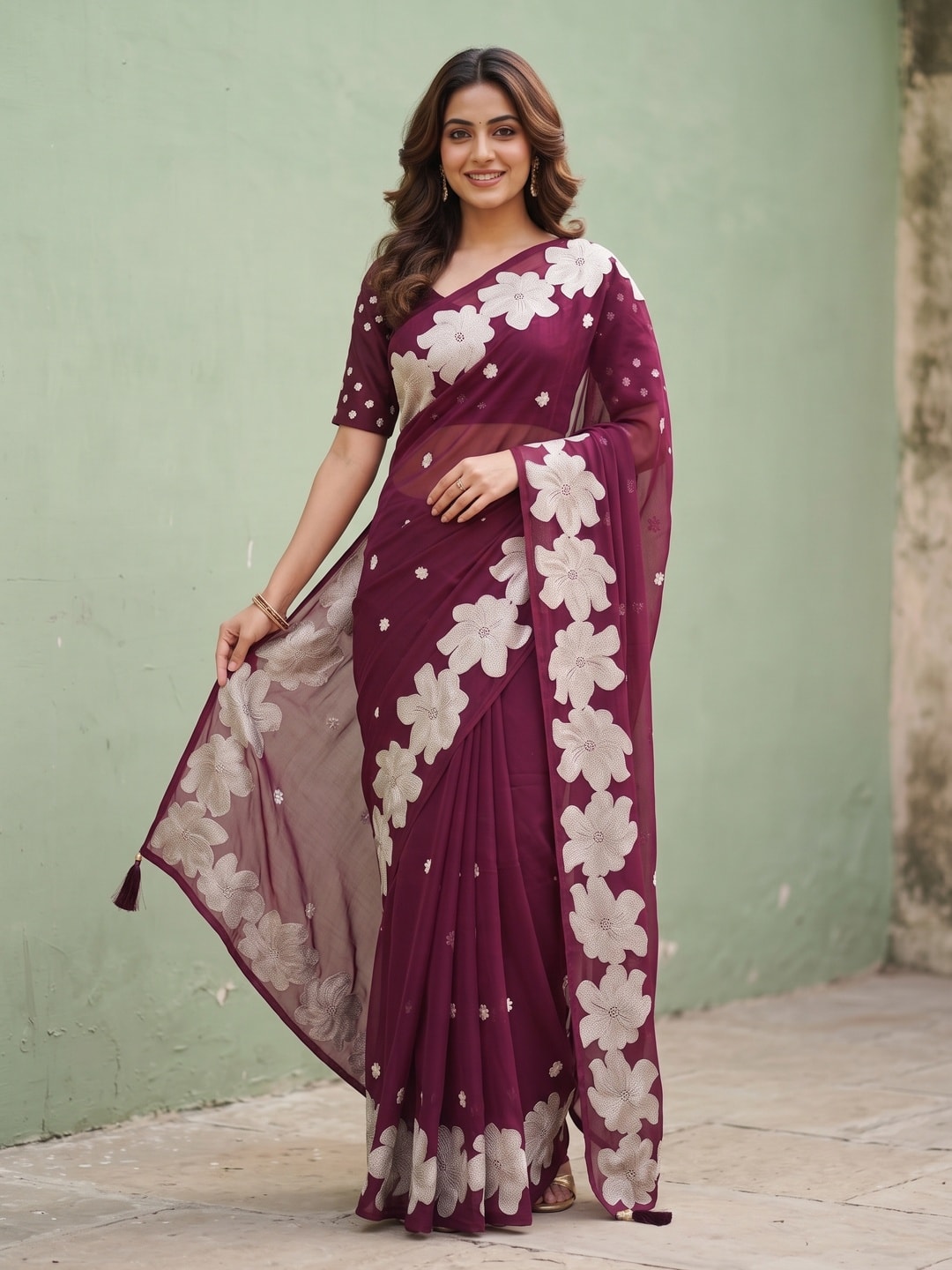 Peachmode Wine Georgette Saree With Applique Floral Border And Sequin Buttis - Image 1