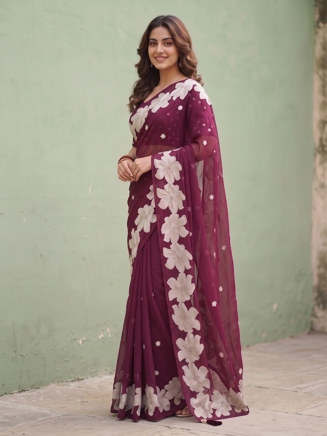 Peachmode Wine Georgette Saree With Applique Floral Border And Sequin Buttis - Image 3