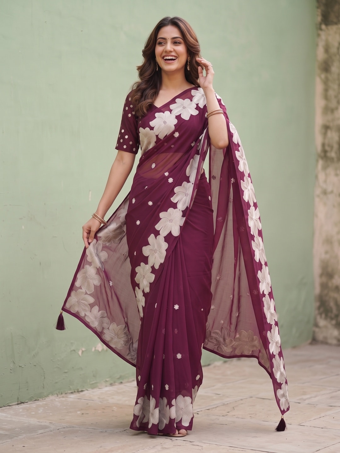 Peachmode Wine Georgette Saree With Applique Floral Border And Sequin Buttis - Image 4