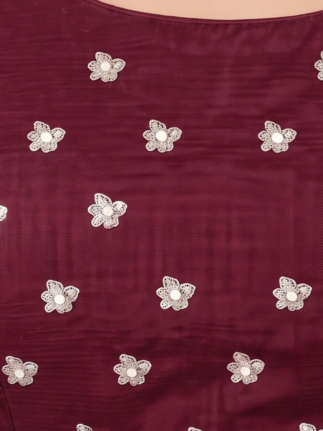 Peachmode Wine Georgette Saree With Applique Floral Border And Sequin Buttis - Image 5