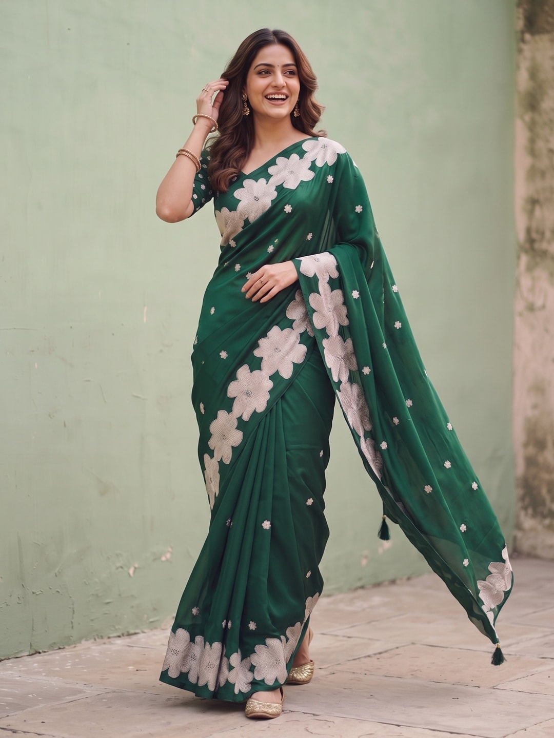 Peachmode Bottle Green Satin Saree With Applique Floral Border And Sequin Buttis - Image 4