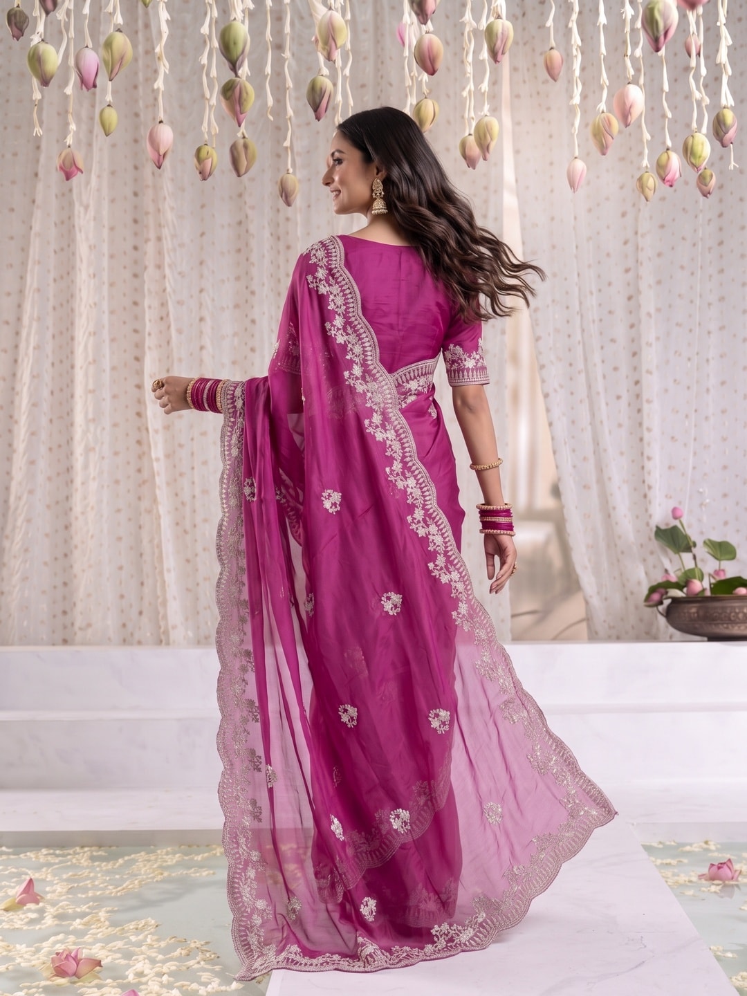 Peachmode Magenta Vichitra Silk Saree With Scalloped Zari Floral Embroidery Border - Image 2