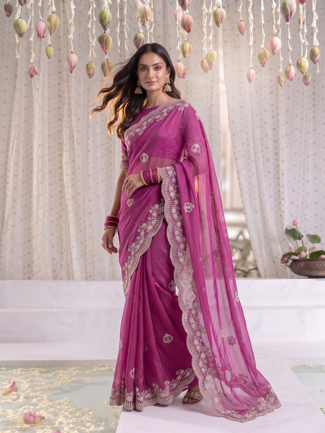 Peachmode Magenta Vichitra Silk Saree With Scalloped Zari Floral Embroidery Border - Image 3