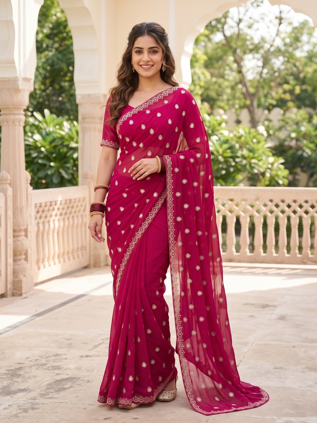 Peachmode Rani Pink Chiffon Saree With Sequin Buttis And Embroidered Border - Image 1