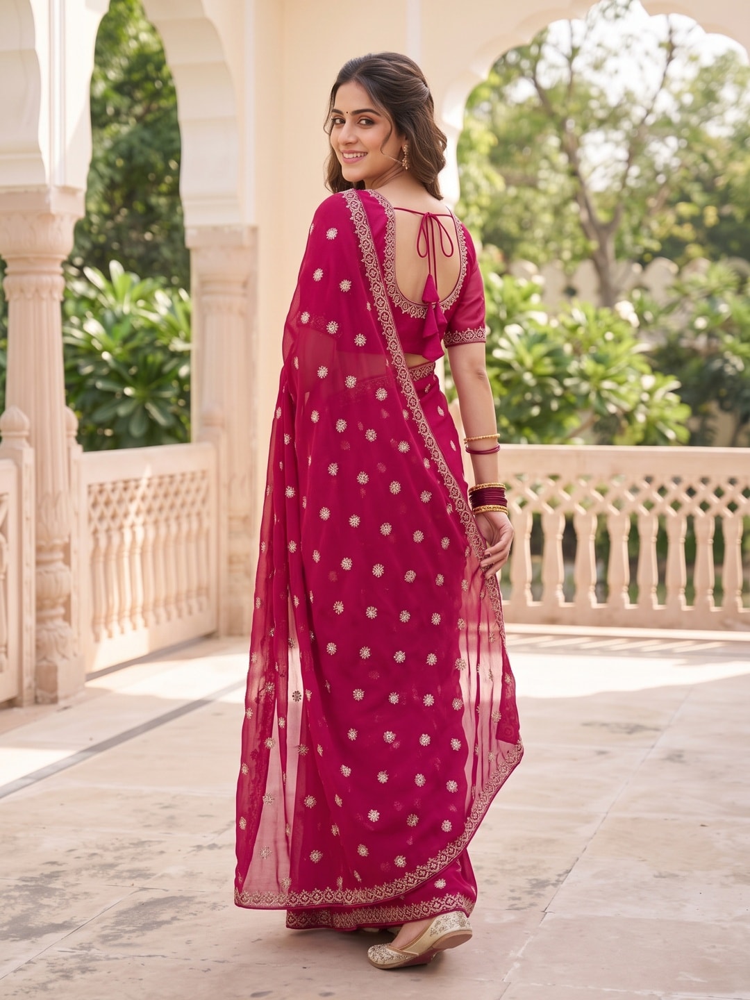 Peachmode Rani Pink Chiffon Saree With Sequin Buttis And Embroidered Border - Image 2
