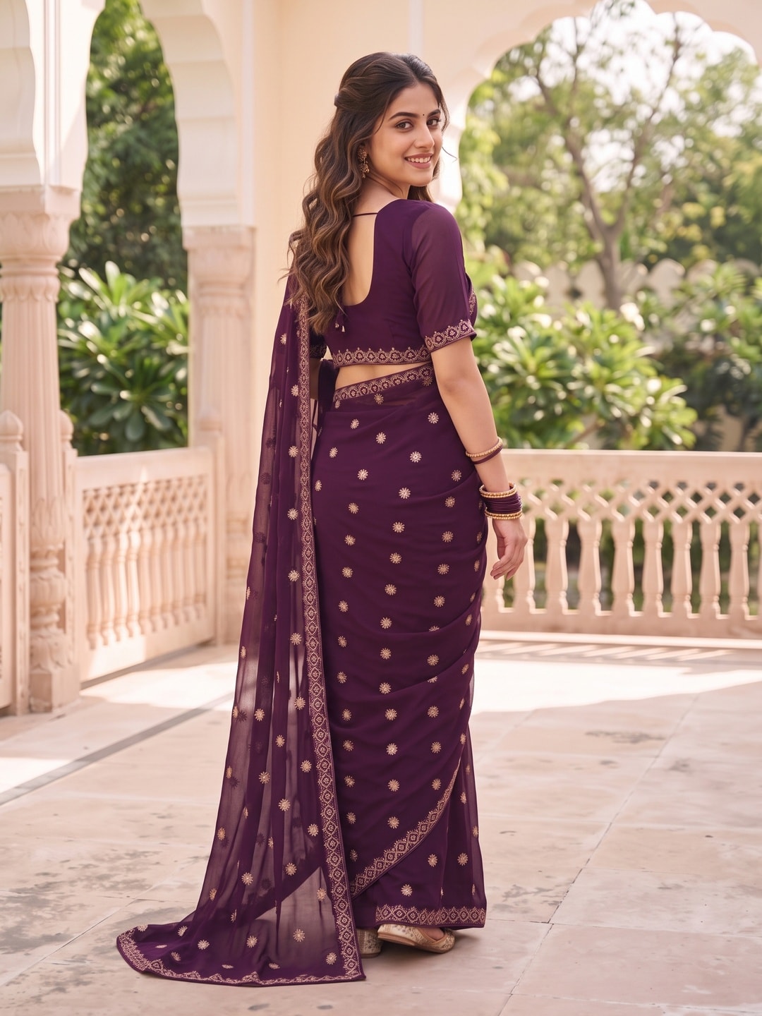 Peachmode Wine Georgette Saree With Embroidered Buttis And Border - Image 2