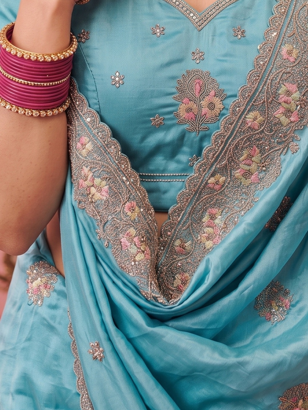 Peachmode Sky Blue Satin Saree With Embroidered Floral Buttis And Border - Image 5