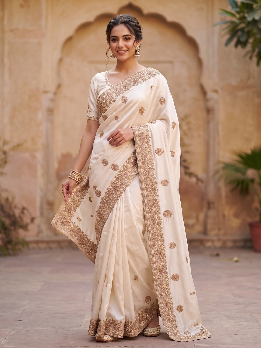 Peachmode Off White Satin Saree With Zardozi Hand Embroidery Border And Buttis - Image 1