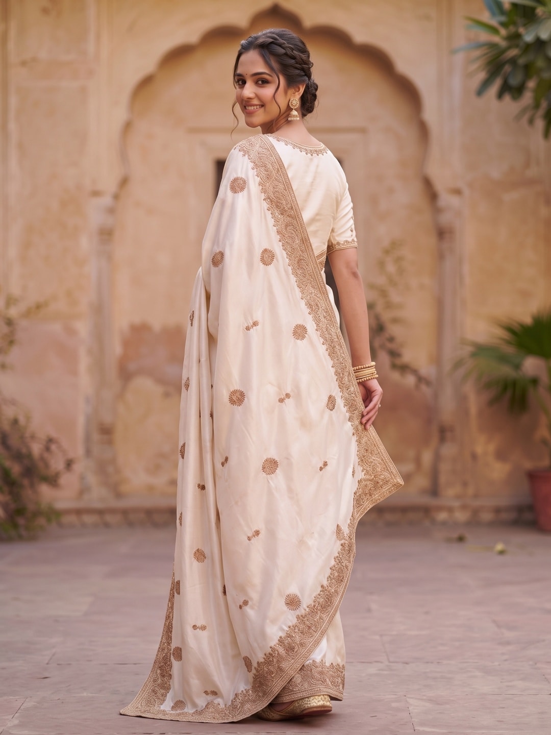 Peachmode Off White Satin Saree With Zardozi Hand Embroidery Border And Buttis - Image 2