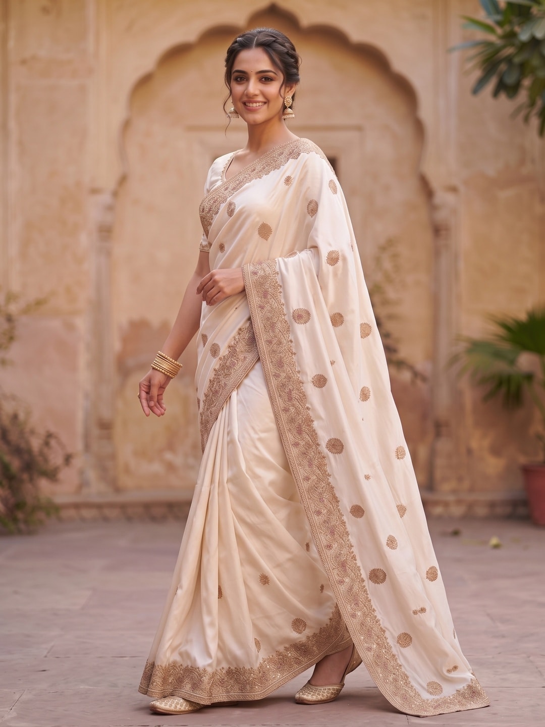 Peachmode Off White Satin Saree With Zardozi Hand Embroidery Border And Buttis - Image 3