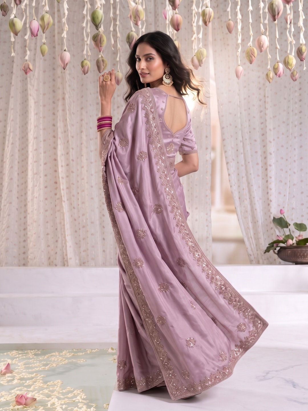 Peachmode Mauve Satin Saree With Embroidered Floral Border And Buttis - Image 2